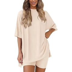 Women's Summer 2 Piece Lounge Set Oversized T-Shirt & Biker Shorts Matching Airport Travel Outfit