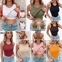 This Week's Special PricešRound Neck Built-in Bra Ribbed Tank Top Fit Casual Comfortableš„