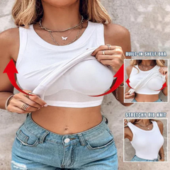 This Week's Special PricešRound Neck Built-in Bra Ribbed Tank Top Fit Casual Comfortableš„