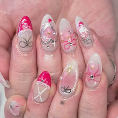 Cyflymder 24Pcs Mid-length French Almond Full Cover Nails Tips Pink Smudge Detachable False Nails Bow Heart Rhinestone Press on Fake Nails