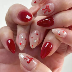 Cyflymder 24Pcs Short Almond Fake Nails Red Love Heart Cherry Star Press on False Nails Shiny Powder Grid Detachable Full Cover Nails Tips
