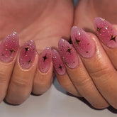 Cyflymder Glitter Powder Stars Pink Halo Dyeing Nail Art Fashion Shiny False Nails Detachable Finished Fake Nails Press on Nails with Glue