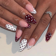 Cyflymder 24Pcs Mid-length Almond Press on Fake Nails Blue French Coffee Flower Polka Dot False Nails Art Rhinestone Full Cover Nails Tips