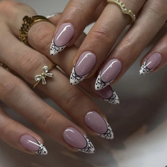Cyflymder 24Pcs French White Lace Nails Set Press on Bow Flower Pearl Full Cover Fake Nails Tips Mid-length Almond Detachable False Nails