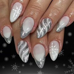 Cyflymder 24Pcs Mid-length Almond Fake Nail Red Striped French Christmas Hat Press on False Nails Snowflake Wearable Full Cover Nails Tips