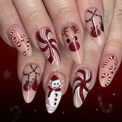 Cyflymder 24Pcs Mid-length Almond Fake Nail Red Striped French Christmas Hat Press on False Nails Snowflake Wearable Full Cover Nails Tips