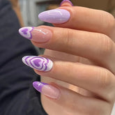 Cyflymder 24Pcs Mid-length French Almond Press on Nails Purple Edge Full Cover Fake Nails Love Heart Wearable Full Cover False Nails Tips