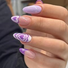 Cyflymder 24Pcs Mid-length French Almond Press on Nails Purple Edge Full Cover Fake Nails Love Heart Wearable Full Cover False Nails Tips