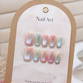 Cyflymder 10Pcs Candy Color Gradient Press Fake Nails Full Cover Cat Magnetic Design French Almond Fake Nails Wearable Manicure Nail Tips
