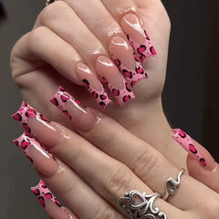 Cyflymder 24Pcs Long Square Head Press on Nails Pink Leopard Print French Design False Nails 3D Bow Detachable Full Cover Fake Nails Tips