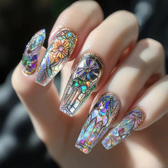 Cyflymder 24Pcs Mid-length Ballet Fake Nails Press on Orange Green Gradient Design False Nails Flower Pattern Wearable Full Cover Nail Tip