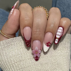 Cyflymder 24Pcs French White Lace Nails Set Press on Bow Flower Pearl Full Cover Fake Nails Tips Mid-length Almond Detachable False Nails