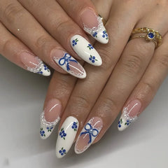 Cyflymder Simple Halo Dyeing Blue Flowers Bowknot White French Nail Art Almond False Nails Detachable Finished Fake Nails Press on Nails