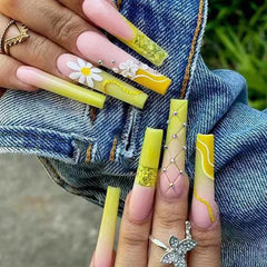 Cyflymder 24Pcs Long Square False Nails Simple White French Fake Nails Wearable Ballet Coffin Full Cover Nail Tips ABS Press on Nails