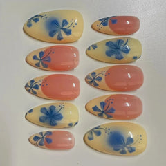 Cyflymder 10Pcs Handmade Manicure Medium Almond Fake Nails French Flower Summer Hot Limited Press On Nails with Adhesive Nail File Set