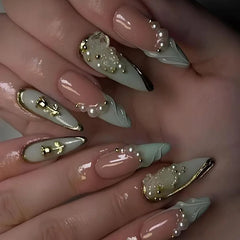 Cyflymder 24Pcs French Gradient Water Ripple Press on Fake Nails Long Stiletto Reusable False Nails with 3D Red Flower Smudge Manicure Tip