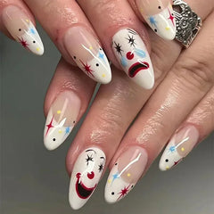 Cyflymder 24Pcs Almond False Nails Cute Strawberries with French Design Simple White Wearable Fake Nails Decoration Press on Nail Tips Art