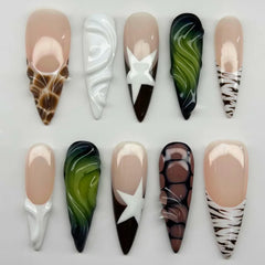 Cyflymder 24Pcs French Gradient Water Ripple Press on Fake Nails Long Stiletto Reusable False Nails with 3D Red Flower Smudge Manicure Tip
