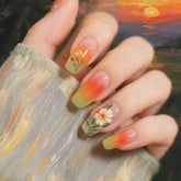 Cyflymder 24Pcs Mid-length Ballet Fake Nails Press on Orange Green Gradient Design False Nails Flower Pattern Wearable Full Cover Nail Tip