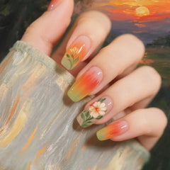 Cyflymder 24Pcs Mid-length Ballet Fake Nails Press on Orange Green Gradient Design False Nails Flower Pattern Wearable Full Cover Nail Tip