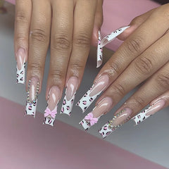 Cyflymder 24Pcs Long Square Head Press on Nails Pink Leopard Print French Design False Nails 3D Bow Detachable Full Cover Fake Nails Tips
