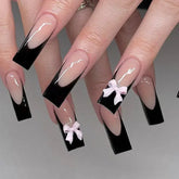 Cyflymder 24pcs White False Nails Long Ballet with French Design Flower Rhinestones Wearable Fake Nails Full Cover Press on Nails Tips Art