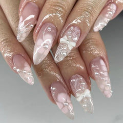 Cyflymder 24Pcs Mid-length Almond Press on False Nails White Gradient Bow Star Love Heart Fake Nails Pearl Reusable Full Cover Nails Tips