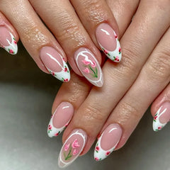 Cyflymder 24Pcs Mid-length French Almond Full Cover Nails Tips Pink Smudge Detachable False Nails Bow Heart Rhinestone Press on Fake Nails