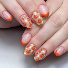 Cyflymder 24Pcs Golden Stripe Design Fake Nails Red Flower Grass Wearable Press on False Nails Art Mid-length Almond Full Cover Nails Tips