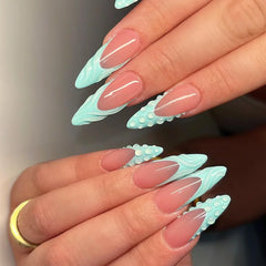 Cyflymder 24Pcs French Gradient Water Ripple Press on Fake Nails Long Stiletto Reusable False Nails with 3D Red Flower Smudge Manicure Tip
