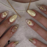 Cyflymder Golden 3D Rose Yellow Halo Dyeing Flower Pearlescent Nail Art Fashion False Nails Detachable Finished Fake Nails Press on Nails