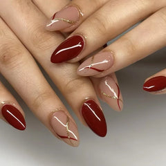 Cyflymder 24Pcs Golden Stripe Design Fake Nails Red Flower Grass Wearable Press on False Nails Art Mid-length Almond Full Cover Nails Tips