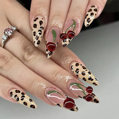 Cyflymder 24Pcs 3D Flower Cherry Chain Press on False Nails Red Leopard Print French Manicure Tips Mid-length Almond Detachable Fake Nails