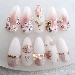 Cyflymder 24Pcs Mid-length Almond Fake Nails Cat's Eye Black Cat Bow Press on False Nails Heart Rhinestone Reusable Full Cover Nails Tips