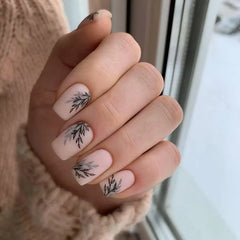 Cyflymder 24Pcs Mid-length Square Head False Nails Press on Simple Flower Leaf Design Full Cover Nails Tips Detachable Finished Fake Nails