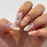 Cyflymder Blue Ribbon Bowknot White Flora Lace Pearl French Nail Art Wearable False Nails Detachable Finished Fake Nails Press on Nails