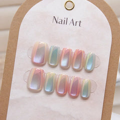 Cyflymder 10Pcs Candy Color Gradient Press Fake Nails Full Cover Cat Magnetic Design French Almond Fake Nails Wearable Manicure Nail Tips
