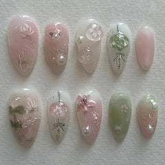 Cyflymder 24Pcs Pink Smudge Press on Fake Nails Mid-length Almond Reusable False Nail Bow Heart Rhinestone Pearl Full Cover Nails Tips Art