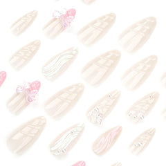 Cyflymder Sweet Pink French Nail Art 3D Bowknot Butterfly Pearl False Nails Fashion Detachable Finished Fake Nails Press on Nail with Glue