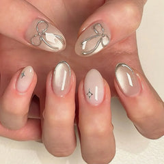 Cyflymder 24Pcs Short Almond Fake Nails Red Love Heart Cherry Star Press on False Nails Shiny Powder Grid Detachable Full Cover Nails Tips