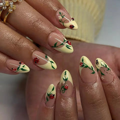 Cyflymder 24Pcs Short French Almond Press on Fake Nails Green Check Design False Nails Lemon Cherry Pattern Reusable Full Cover Nails Tips