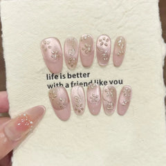Cyflymder 10Pcs French Almond Handmade Press on Nails Pink Cat Eye Fake Nails Flower False Nails 네일팁 Накладные Ногти Uñas Postizas Mujer