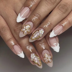 Cyflymder 24pcs White French Almond Press on Nails Flower False Nails Simple Wearable Stick-on Nails Fake Nail 네일팁 Накладные Ногти Uñas