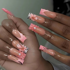 Cyflymder 24Pcs Long Square Head Press on Nails Pink Leopard Print French Design False Nails 3D Bow Detachable Full Cover Fake Nails Tips