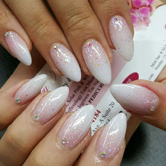 Cyflymder 24Pcs Mid-length Almond Press on False Nails White Gradient Bow Star Love Heart Fake Nails Pearl Reusable Full Cover Nails Tips
