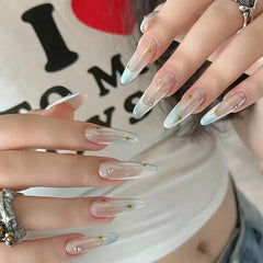 Cyflymder 30Pcs Wine Red Fake Nails With Gradient Print Design Long Stiletto False Nails Wearabe Almond Press on Nails Full Cover Tips