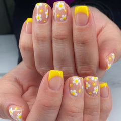 Cyflymder 24Pcs Simple Purple Yellow Flower with Design False Nails Short Square Head Press on Fake Nails Detachable Full Cover Nails Tips