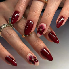Cyflymder 24Pcs Leopard Print French Full Cover Nails Tips Mid-length Almond Reusable Press on Fake Nails Star Design Wine Red False Nails