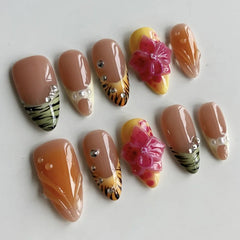 Cyflymder 24pcs Brown French Almond Press on Nails Pink Flower False Nails Wearable Stick-on Nails Fake Nail Накладные Ногти 네일팁 Uñas