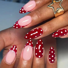 Cyflymder 24Pcs Mid-length Almond Press on Fake Nails Blue French Coffee Flower Polka Dot False Nails Art Rhinestone Full Cover Nails Tips